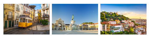 A panel of three images of Lisbon, A yellow tram in the old streets, an equine statue in a large Square and the skyline of the city including castle and bridge