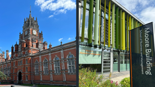 A split screen photograph showing an image of the north Clock Tower entrance to Royal Holloway's Founders building (a Victorian building inspired by style of French Chateau built in orange brick and grey stone). On the right hand side is the Moore Building on campus, a modern  glass and steel building, with slats of varying shades of green across the second storey, and a sign in white writing against a dark grey background giving the location and School of Business and Management